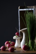 oyster mushrooms with radishes and chives in front of a wooden crate with a dark background