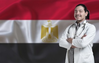 Egypt Health and Care concept. Male doctor on Egypt flag. Doctor with crossed arms on Egypt flag