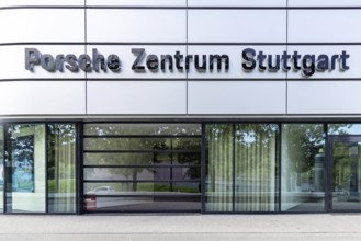 Porsche Centre. Writing at Autohaus am Pragsattel in Stuttgart, Baden-Württemberg, Germany