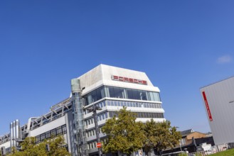 Porscheplatz in Stuttgart Zuffenhausen. Porsche headquarters with company logo. Stuttgart,