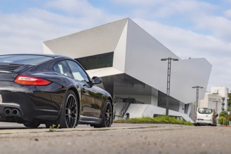 Porsche Museum Stuttgart, rear view. Sports car from Porsche. Zuffenhausen, Stuttgart,