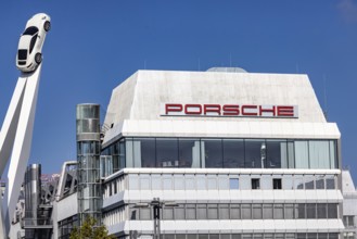 Porscheplatz in Stuttgart Zuffenhausen. Porsche headquarters with company logo. Stuttgart,