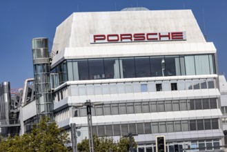 Porscheplatz in Stuttgart Zuffenhausen. Porsche headquarters with company logo. Stuttgart,