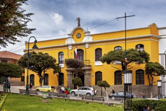 Yellow building with flags in an urban environment, surrounded by cars and green areas, house
