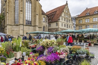 Weekly market in the city centre of Stuttgart. Schillerplatz. Stuttgart, Baden-Württemberg, Germany