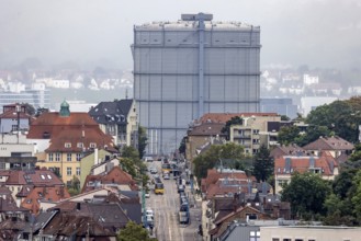 City view of Stuttgart. Hackstraße with gas boiler. and light rail vehicles of the SSB. Stuttgart,