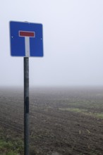 Dead end sign standing on a pole in a tilled field with thick fog