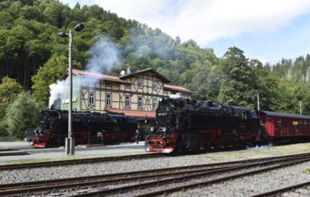 Two steam locomotives of the Harz narrow-gauge railway stand at Eisfelder Talmühle station,