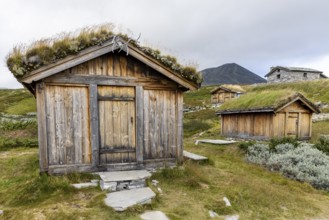 Wooden huts with grass-covered roofs in front of mountains in a rural landscape under a cloudy sky,