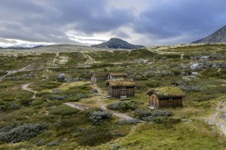 Wooden huts scattered in a forested mountain landscape with narrow paths and moderate cloud cover