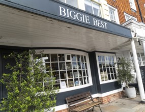 Frontage of Biggie Best homewares shop on High Street, Marlborough, Wiltshire, England, UK