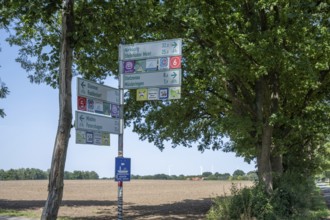 Signpost in front of a rural backdrop with fields and trees under a blue sky, Weser cycle path,
