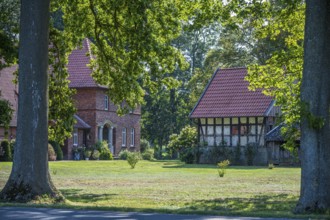 A large tiled roof house next to an older half-timbered building in a green landscape, Gütersloh,