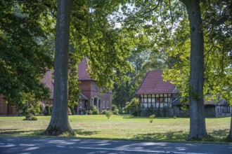 Rural scene with a red tiled roof house and a half-timbered building, lined with large trees,