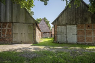 Ancient half-timbered houses with wooden and brick façades in the shade, Weser cycle path,