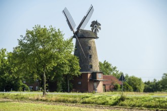 Historic windmill surrounded by trees and meadows under a clear blue sky, mill on the Weser cycle