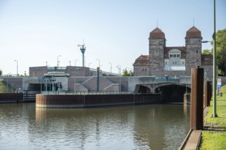 Technical lock system with towers and water channel in summer conditions, Minden waterway junction,