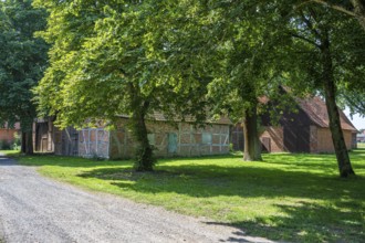 Half-timbered house on a gravelled path, surrounded by green trees and meadows, Weser cycle path,