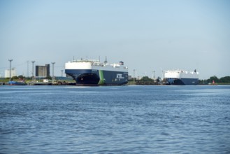 Two large cargo ships moored in the harbour, surrounded by water and blue sky, car freighters in
