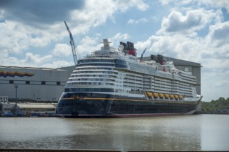A cruise ship lies in the water in front of a shipyard on a partly cloudy day with a crane in the