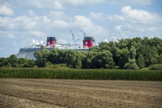 A cruise ship behind trees next to a field under a partly cloudy sky, cruise ship in the shipyard
