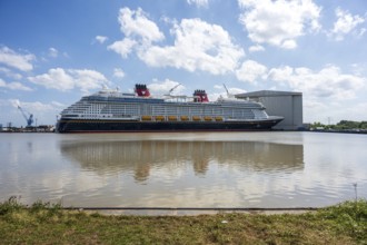 A cruise ship lies in the water, surrounded by a shipyard and a grassy embankment, cruise ship in