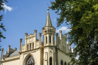 The Gothic-style castle tower rises into the blue sky, surrounded by trees, Schloss Evenburg, Leer,