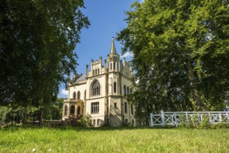 Historic castle with Gothic elements, surrounded by meadow and trees under a blue sky, Schloss