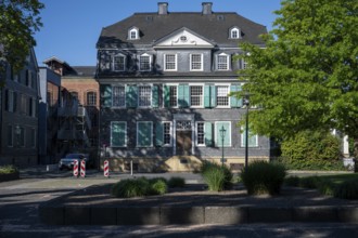 Large historic building with green shutters and surrounding trees in the sunlight, Friedrich Engels
