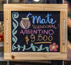 Advertising board for mate, market hall in San Telmo, Buenos Aires, capital of Argentina