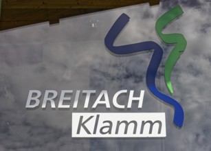 Logo and information board of the Breitachklamm, Breitachklamm near Oberstdorf, the deepest rocky
