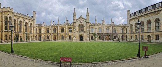 The University of Cambridge panoramic view of a historic college courtyard, featuring a grand,