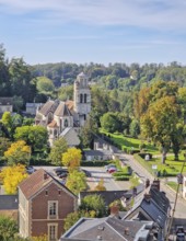 High-angle view of the charming town of Pierrefonds with view to the historic Eglise Saint-Sulpice.