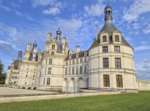 Chateau de Chambord architectural details. Majestic medieval castle in France. Iconic French