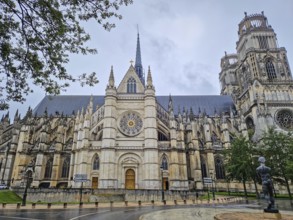 The magnificent Flamboyant Gothic Orleans Cathedral of the Holy Cross on a rainy day. French
