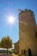 Medieval Old City Square with Castle Tower and a Tree with Sunbeam and Lens Flare in a Sunny Summer