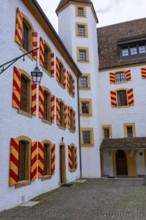 Neuchatel Castle with Window and Shutter and Patio in Old Town in a Foggy Day in City of Neuchatel,