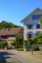 Medieval Old City Street with House in a Sunny Summer Day with Blue Sky in Regensberg, Zurich
