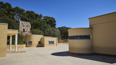 Primary school, Modern style circular buildings next to a wooded hill, Historicism, Art Deco,