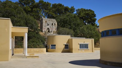Primary school, Modern building with round buildings and forest in the background, Historicism, Art