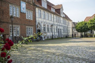 Half-timbered houses with red roses in a cobbled courtyard. Peaceful and historic scenery, Verden