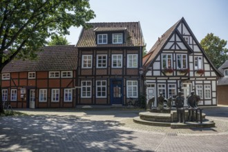 Row of traditional half-timbered houses along a quiet, cobbled street in summer, Weser cycle path,