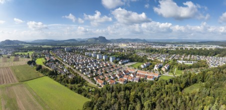 Aerial view, panorama of the town of Singen am Hohentwiel, on the horizon the Hegau mountains,