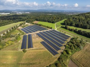 Aerial view, solar modules, solar park, photovoltaics, power generation from solar energy,