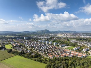 Aerial view of the town of Singen am Hohentwiel, on the horizon the Hegau Mountains, district of