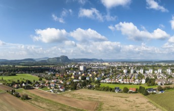 Aerial view of the town of Singen am Hohentwiel, on the horizon the Hegau Mountains, district of