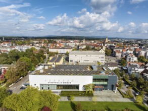 Aerial view of the town of Singen am Hohentwiel with the town hall, multi-purpose hall, event