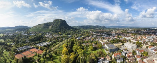 Aerial view of the town of Singen am Hohentwiel with the state garden show grounds, on the right