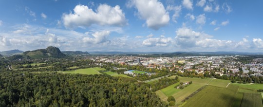 Aerial view, panorama of the town of Singen am Hohentwiel with the Münchriedstadion and