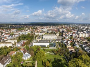 Aerial view of the town of Singen am Hohentwiel with the town hall, multi-purpose hall, event